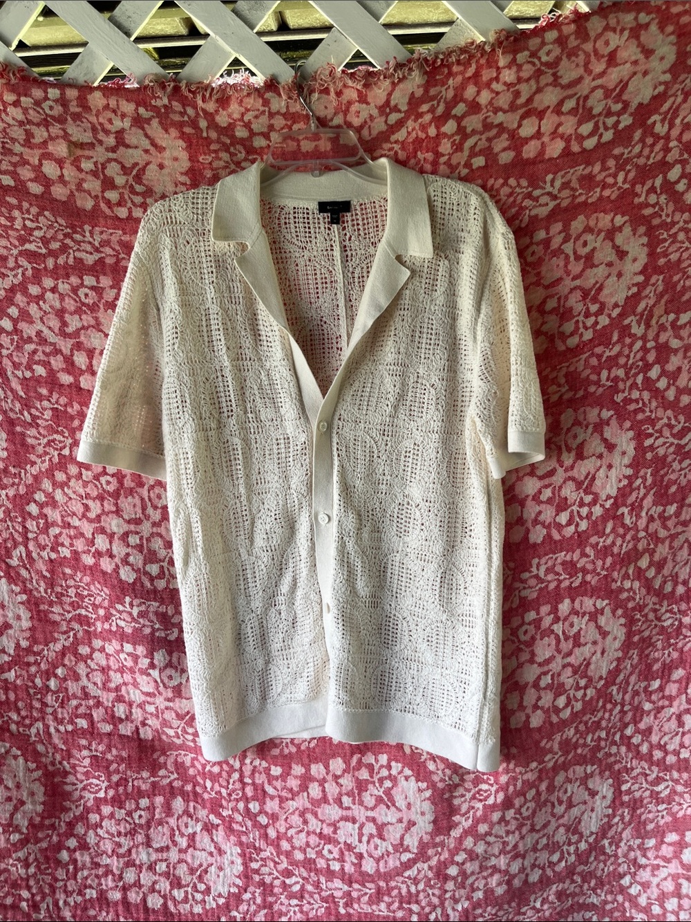 Express Cream Open-Knit Short Sleeve Button Down Shirt